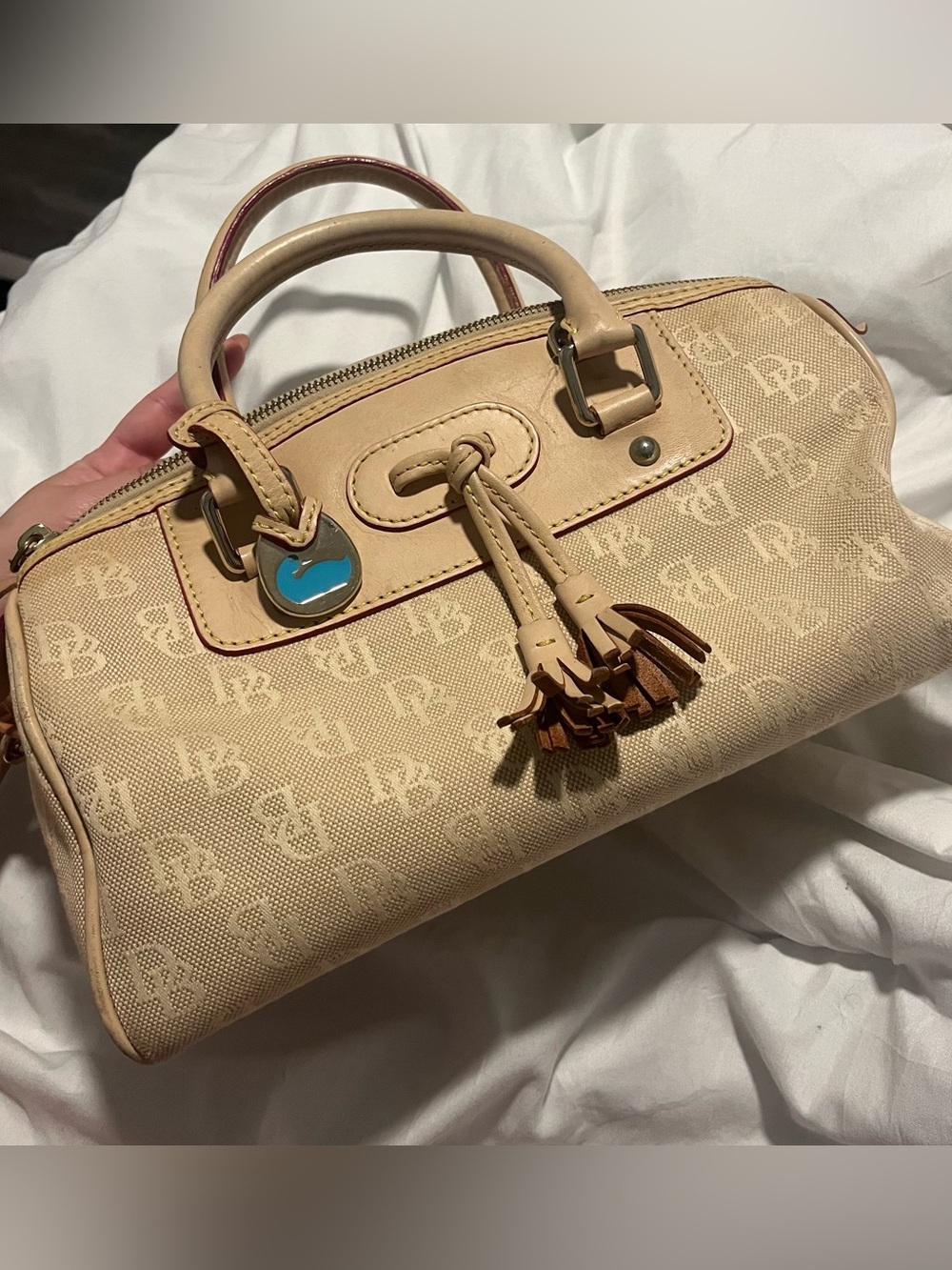 Dooney & Bourke Beige Signature Canvas Crossbody Satchel with Tassel